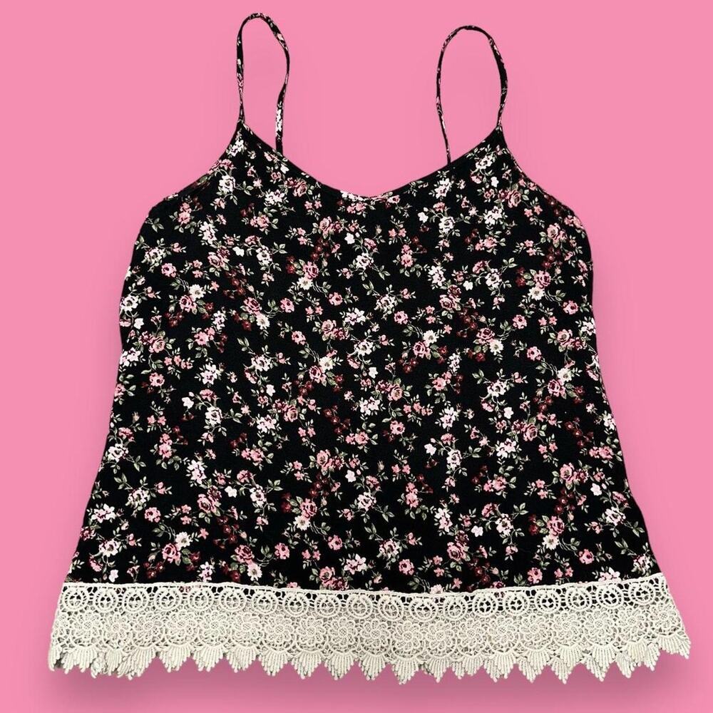 Socialite Floral Boho Crochet Trim Open Back Spaghetti Strap Tank Top Size M